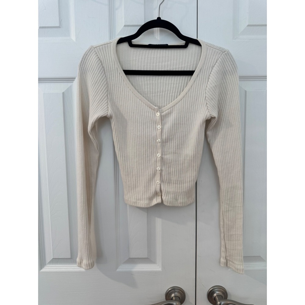 Brandy Melville‎ Ribbed Cardigan Sweater Cream Off White V-Neck Button Front Top